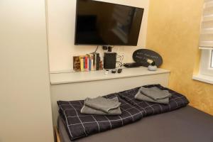 Zimmer mit einem Regal mit einem TV und 2 Kissen in der Unterkunft Business Suite Novi Sad Center in Novi Sad