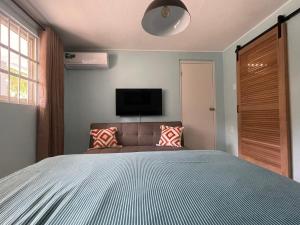 a bedroom with a bed and a tv on the wall at Kas di BaMi A-194 op Seru Coral Resort - Ruim appartement met groot zwembad en tropische tuin in Willemstad