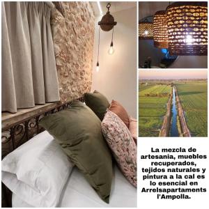 un collage de dos fotos de una cama con almohadas en Arrels apartaments en L'Ampolla