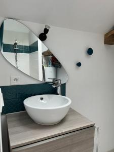 a bathroom with a white sink and a mirror at Le Pressoir Macy - Terracobois in Choussy