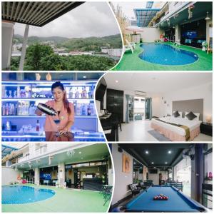 een collage van foto's van een hotel met zwembad bij Noble House Patong in Patong Beach