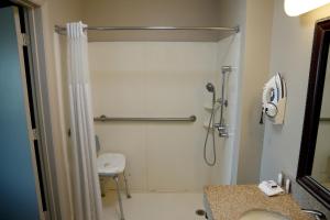 ein Bad mit einer Dusche und einem Waschbecken in der Unterkunft Baymont Inn & Suites in Manning