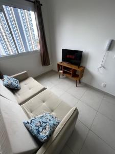 ein Wohnzimmer mit einem Sofa und einem TV in der Unterkunft Apartamento em São Paulo in São Paulo