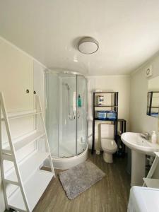 a bathroom with a shower and a toilet and a sink at Golfers lovers! Near all famous golf courses in Prestwick