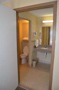 a bathroom with a toilet and a sink and a mirror at Plaza Inn in Big Spring