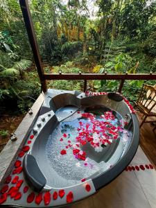 Tarqui的住宿－Puyu Glamping，门廊上装满红色鲜花的小型游泳池