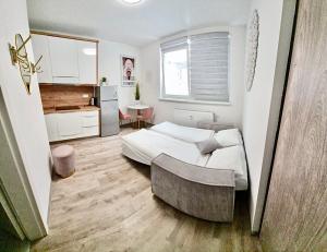 um pequeno quarto com uma cama e uma cozinha em Ljubljana Central Studio with Free Parking em Ljubljana