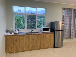 een keuken met een wastafel, een koelkast en een raam bij Alec's Hotel in Apia