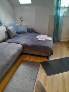 1 cama grande en la sala de estar con sofá en Suite avec balcon et lit Queen size, en Commugny