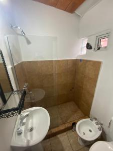 uma casa de banho com um chuveiro, um lavatório e um WC. em Hostal Tierra Andina Cafayate em Cafayate