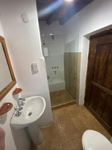 a bathroom with a sink and a toilet and a shower at Hostal Tierra Andina Cafayate in Cafayate
