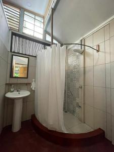 W łazience znajduje się prysznic i umywalka. w obiekcie Casita Coco w mieście Puerto Limón
