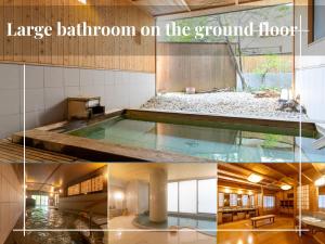 a collage of photos of a large bathroom on the ground floor at Yumotoya in Matsumoto