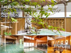 a collage of photos of a building with text large bathroom on at Yumotoya in Matsumoto
