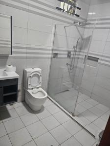 a white bathroom with a toilet and a shower at Silverwood in Pereybere