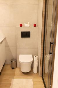 een badkamer met een toilet en een glazen douche bij Apartament Kościuszki Chorzów in Chorzów