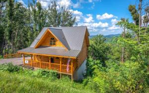 a cabin in the woods with a metal roof at A Wildflower Retreat in Gatlinburg