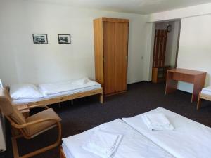 Pokój z 2 łóżkami i drewnianą szafką w obiekcie Hotel Bartošovice w mieście Bartošovice v Orlických Horách