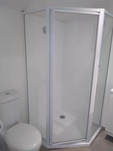 a shower with a glass door next to a toilet at South Brighton Holiday Park in Christchurch