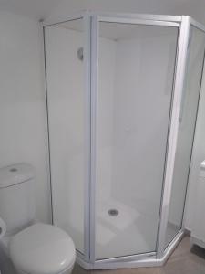 una doccia con porta in vetro accanto a servizi igienici di South Brighton Holiday Park a Christchurch