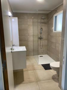 La salle de bains est pourvue d'une douche, d'un lavabo et de toilettes. dans l'établissement Appartement neuf T2 Au centre de Porticcio, à Albitreccia