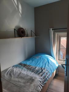 sypialnia z łóżkiem z oknem i półką w obiekcie zomerhuisje by the sea w mieście Zoutelande