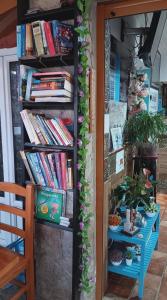 uma estante cheia de livros e flores em Pension Doña Lubina em Finisterre