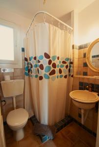 a bathroom with a toilet and a shower curtain at Villa Kounouvato in Perakhórion