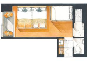 Grundriss eines Schlafzimmers mit einem Bett in der Unterkunft Sakura Cross Hotel Ueno Okachimachi in Tokio