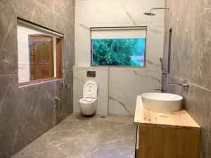 ein Bad mit einem WC, einem Waschbecken und einem Fenster in der Unterkunft Nigeen Vista Lakeside Chalet in Srinagar
