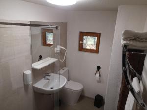 a bathroom with a toilet and a sink and a shower at Aterman House in Vlădeni
