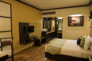ein Hotelzimmer mit einem Bett und einem TV in der Unterkunft Hotel Maharaja Regency in Ludhiana