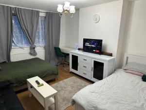 ein Wohnzimmer mit 2 Betten und einem TV auf einem Schrank in der Unterkunft Wembley Homes Serviced Apartment, 25mins to Central London in Wembley