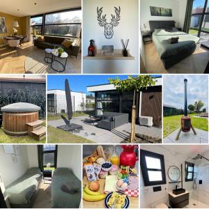 een collage van foto's van een huis bij Edelhert, moderne en comfortabele vakantiewoning met hottub! in Ermelo