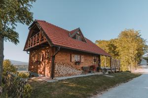 a small wooden house with a red roof at Brunarica Dežno in Makole