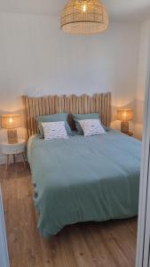 a bedroom with a large bed with two pillows at Ty ar steredenn maison avec jardin , plage à pied in Plouarzel