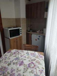 a small kitchen with a table and a microwave at Smeštaj Pejčić Dojkinci in Pirot +7 photos