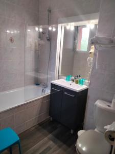 y baño con ducha, lavabo y aseo. en Hotel Au Sans Souci, en Chinon