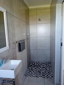 a bathroom with a shower and a sink at Olive's Nest 1 in Velddrif