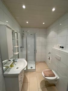 ノルデンにあるApartment am Stadtgartenのシャワー、洗面台、トイレ付きのバスルーム
