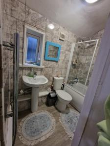 La salle de bains est pourvue d'un lavabo, de toilettes et d'une douche. dans l'établissement Brewery rd Double room, à Plumstead