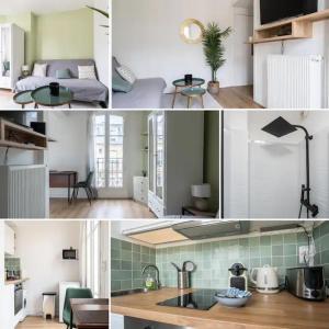 een collage van foto's van een keuken en een woonkamer bij Cocon aux portes de Paris in Clichy