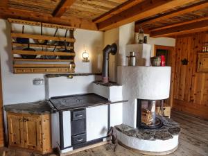 eine Küche mit einem Holzofen im Zimmer in der Unterkunft Bergquellenhütte in Assling