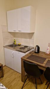 uma cozinha com um fogão e uma mesa com cadeiras em Apartments Pralas em Mokošica