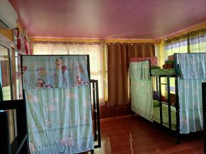 two bunk beds in a room with curtains at RuengsriSiri Guesthouse in Sukhothai