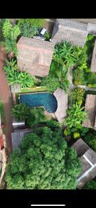 an overhead view of a garden with a swimming pool at Hotel Ambalamanga in Nosy Be
