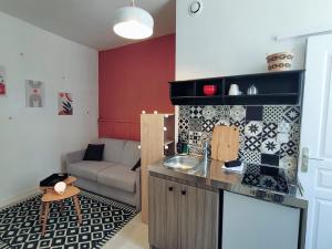 Studio hypercentre proche Vieux Marché في لا روشيل: مطبخ مع أريكة في غرفة المعيشة +3 صور