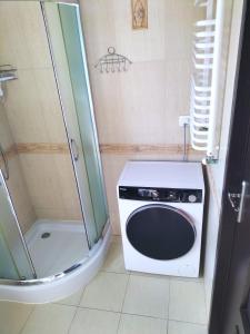 a washing machine in a bathroom with a shower at Apartament Klaudia in Stegna