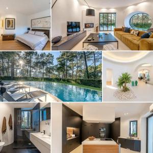 a collage of photos of a house with a pool at 5br Golf & Pool Villa in Caparica | By Airnest in Aroeira