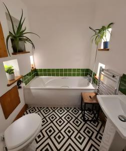 a bathroom with a tub and a toilet and a sink at Central Large 2 Bed, 2 Bath Apt, Parking, Huge Garden, SKY TV, Wifi, Direct Booking Option in Exeter